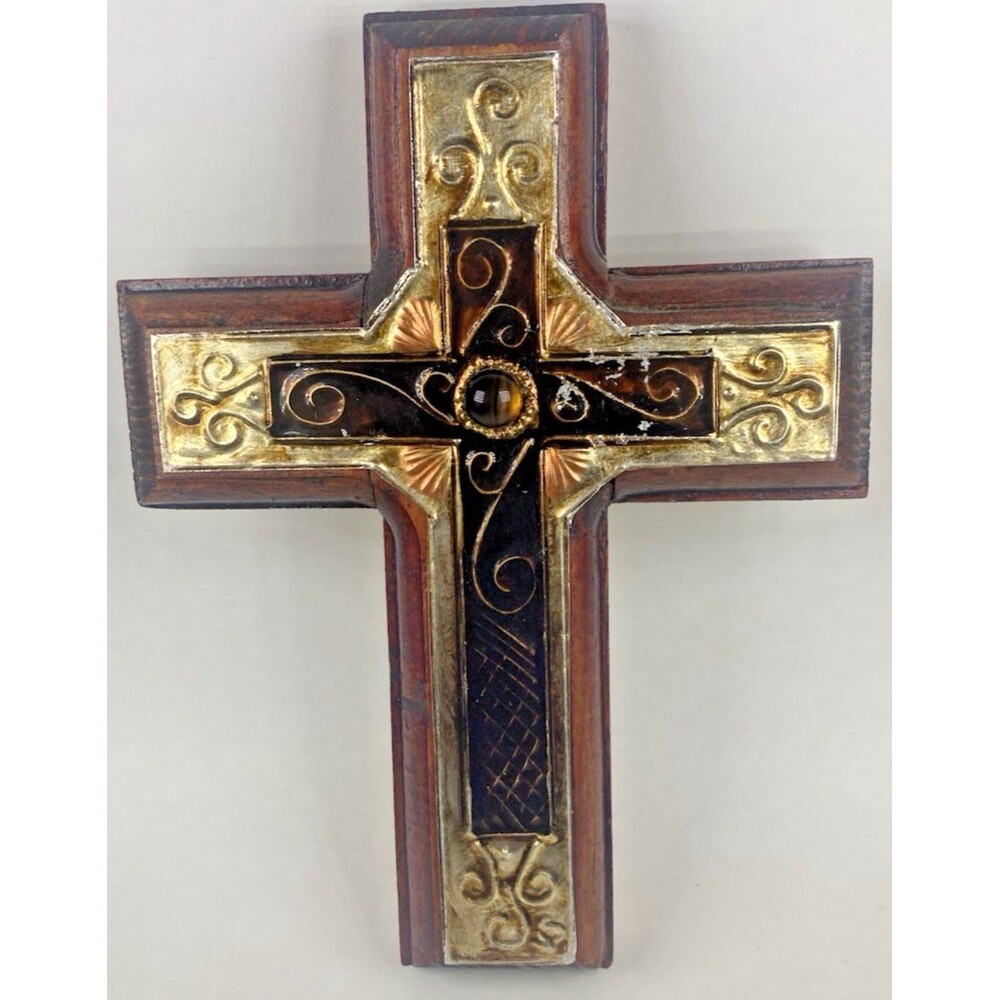VTG Veronica Sandoval SIGNED Metal Folk Art Wood Cross Wall 5.75”x4”
